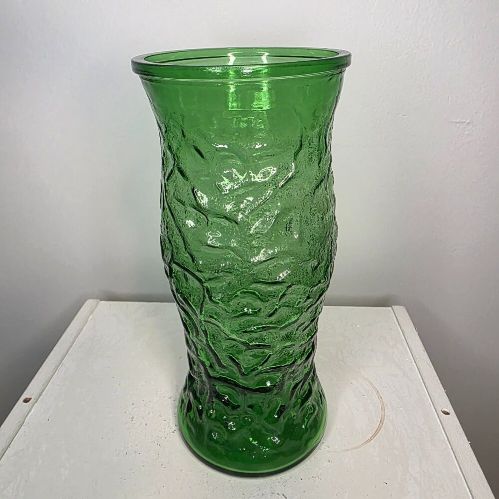 Hoosier Green Glass Vase Crinkled Textured 9.5"